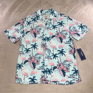 NEW Aurora Flamingo And Palm Tree Hawaiian Shirt In Pink, Blue & White SZ M